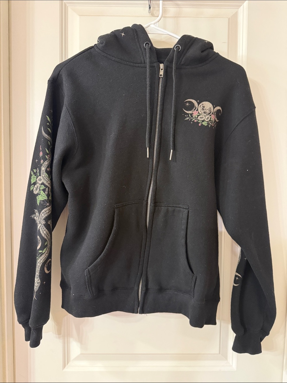 Black Women's Zip-Up Bomber Hoodie with Moon & Floral Detail